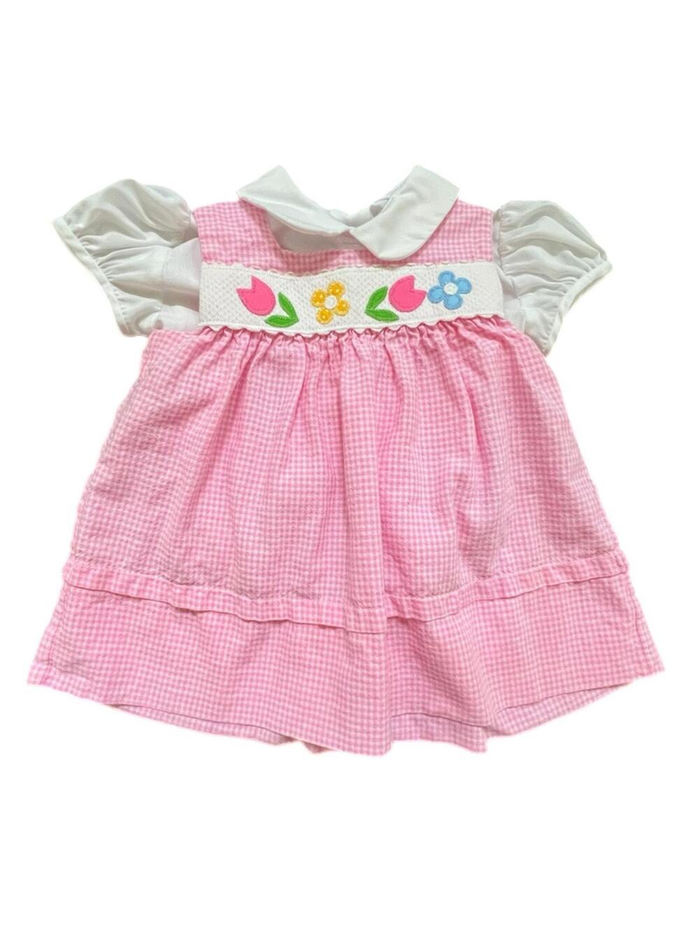 Vintage 70s Sylvia Whyte Pink Gingham Baby Dress w/ Blouse - L